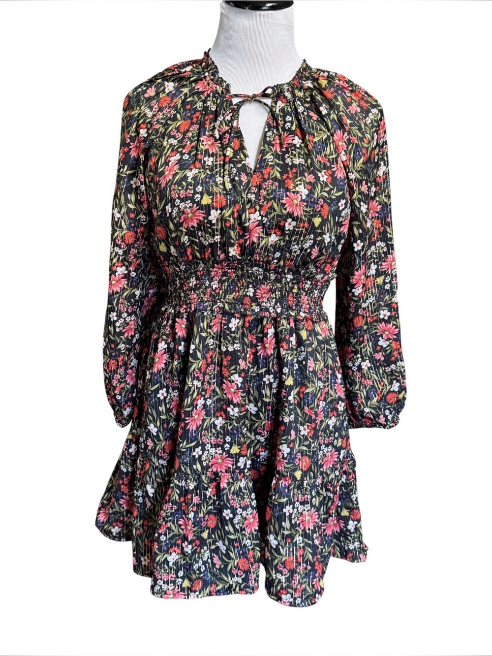 NWT Old Navy Womens Long Sleeve Floral Mini Dress Black Lined Pockets Smocked